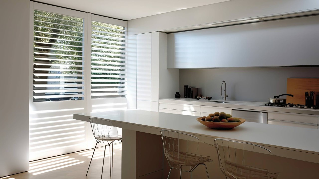 Plantation shutters on a large kitchen window at All About Blinds, Etc. near O Fallon, MO